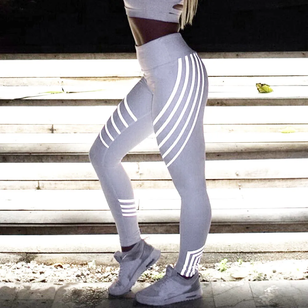 Женские леггинсы с геометрическими полосками, для фитнеса, для бега, для спортзала, тянущиеся, гибкие спортивные штаны, брюки, спортивные штаны, спортивная одежда - Цвет: Белый