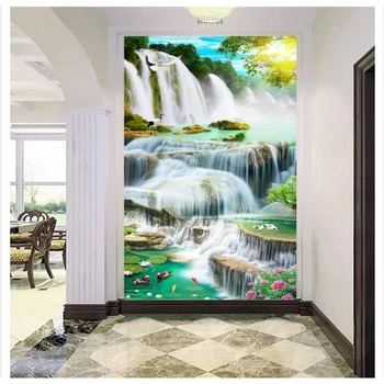 

beibehang Fashion decorative 3d wallpaper water waterfall carp lotus porch background decoration painting papel de parede behang