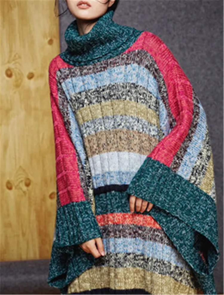 Новая мода 100% ручная работа чистая шерсть вязаная водолазка женские полоски контрастного цвета H-прямой плащ свитер один и более размер