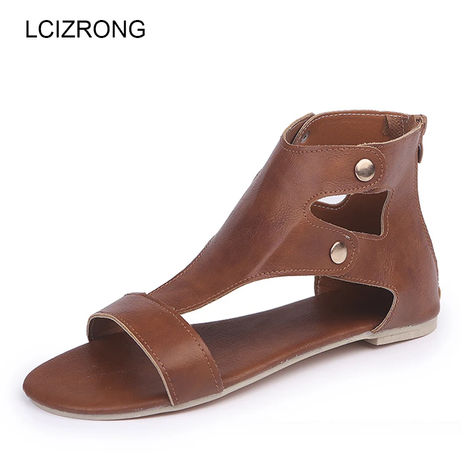

LCIZRONG Rome Leather Sandals Women 34-43 Big Size Gladiator Retro Solid Ladies Sexy Non-slip Sandals Female Summer Casual Shoes