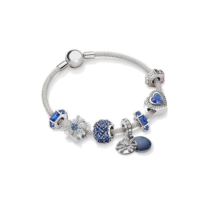 

FAHMI NEW 100% 925 Sterling Silver Fashion New Brilliant Fireworks Blue Heart String Ornaments Bracelet Set Ornaments ZT0239