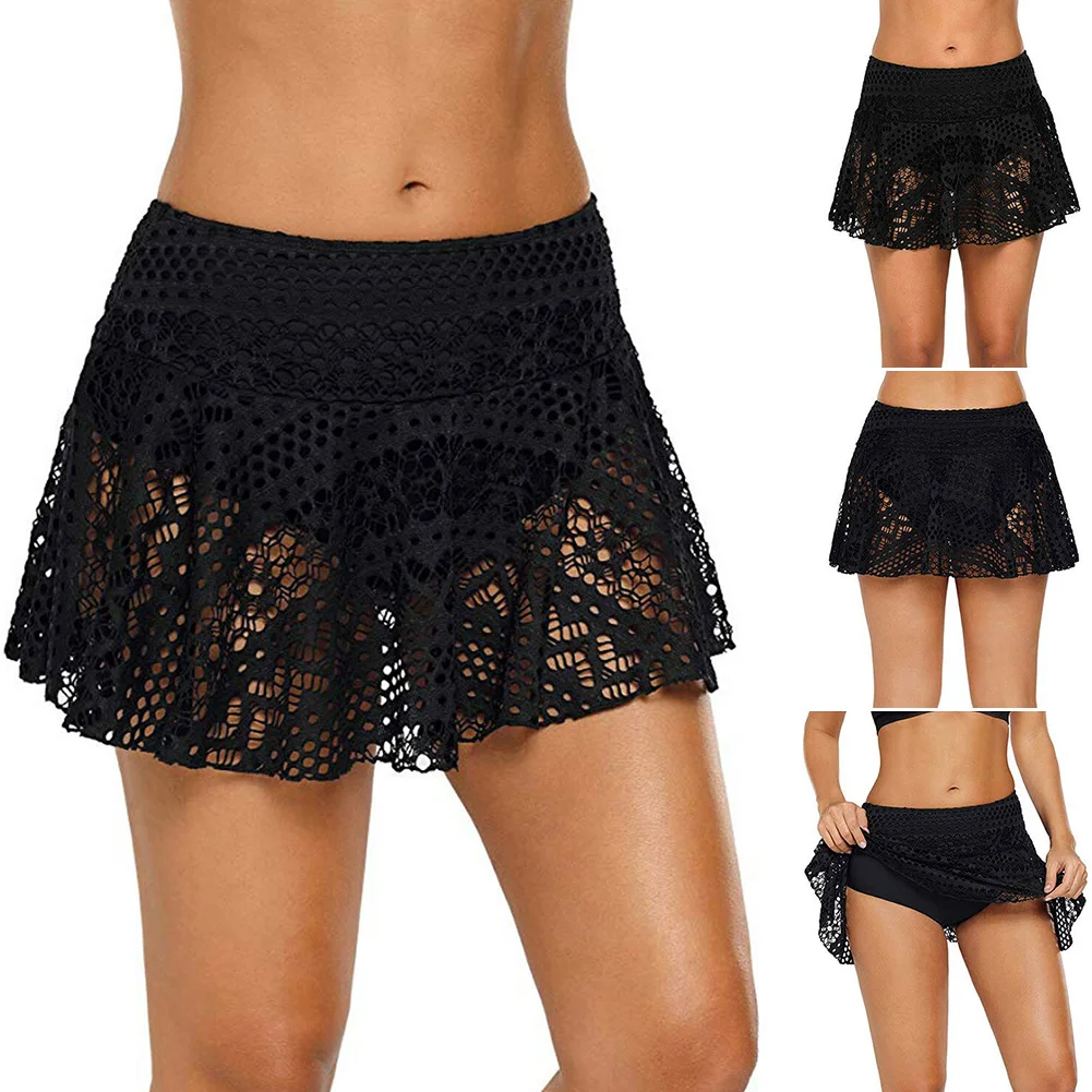 

Women Bikini Bottom Hollow Out Sexy Swim Beach Crochet Bathing Shorts Skirt Holiday Swimwear Solid Lace Pantskirt Monokini