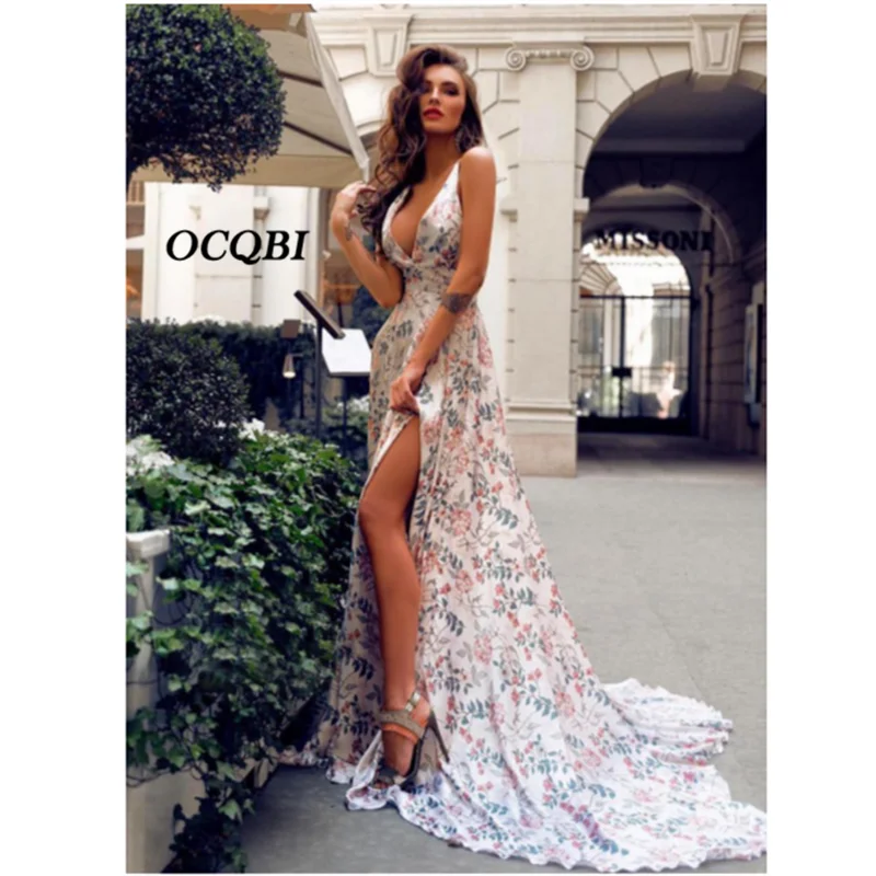 

2019 Women Summer Dress Bohemian Sexy Elegant Party Night Dresses Print Badange Backless White Dress