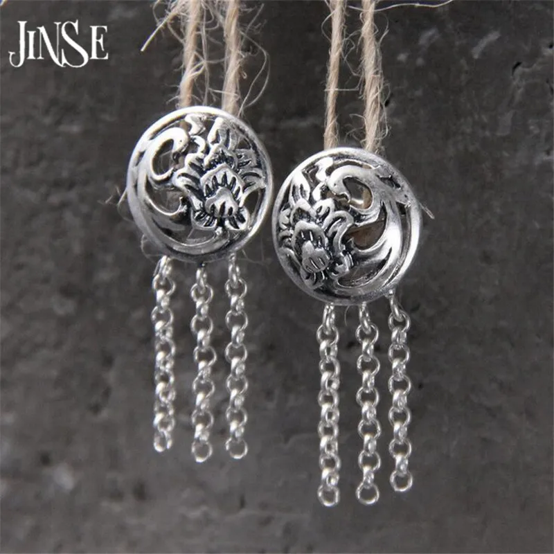

JINSE S925 Sterling Silver Earrings for Women Fine Jewelry Retro Punk Cocktail Phoenix Long Tassel Drop Dangle Earring 12.50mm