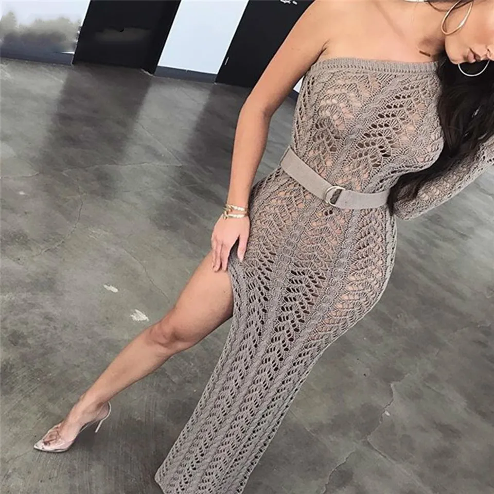 

PFFLOOK White Dress Women Winter Knitted One Shoulder Long Maxi Dresses Elegant Sexy Hollow Out Split Party Sweater Vestidos