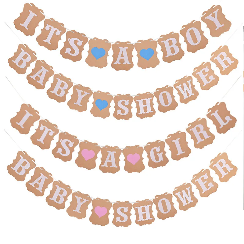 Baby Shower Garland Kraft Paper Its A Boy Girl Flags Banner Bunting Party Pennant Baptism Decoration | Дом и сад