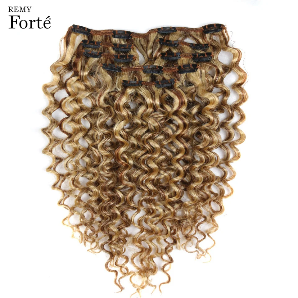 

Remy Forte Clip In Human Hair Extensions Kinky Curly Hair Clip Ins 7 PCS P6/613 Blonde Bundles Hair Extension 24 Inch Hair Clip