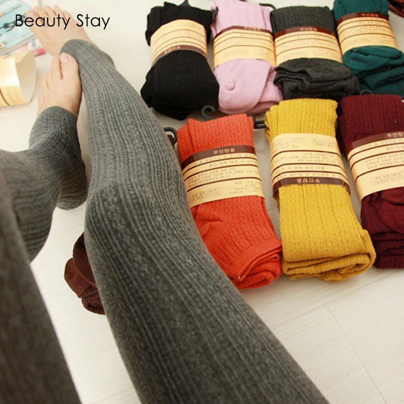 

Beauty Stay Women Workout Leggings Winter Thick Warm Pure Color Slim Girl Kniting Outdoor Striped Lengthened Step Foot