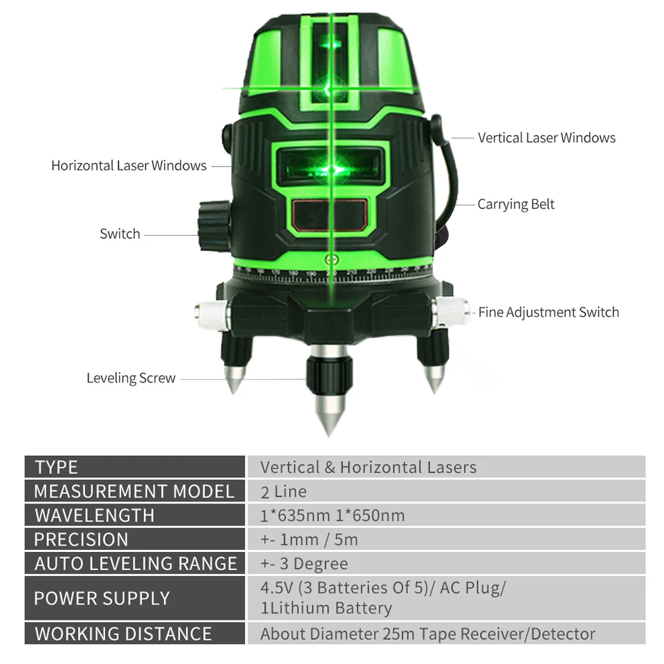 2 лазерных зеленых линии 1 точка 360 градусов вращающийся 532 нм наружный режим-приемник и наклонная косая линия доступен автоматический лазерный уровень
