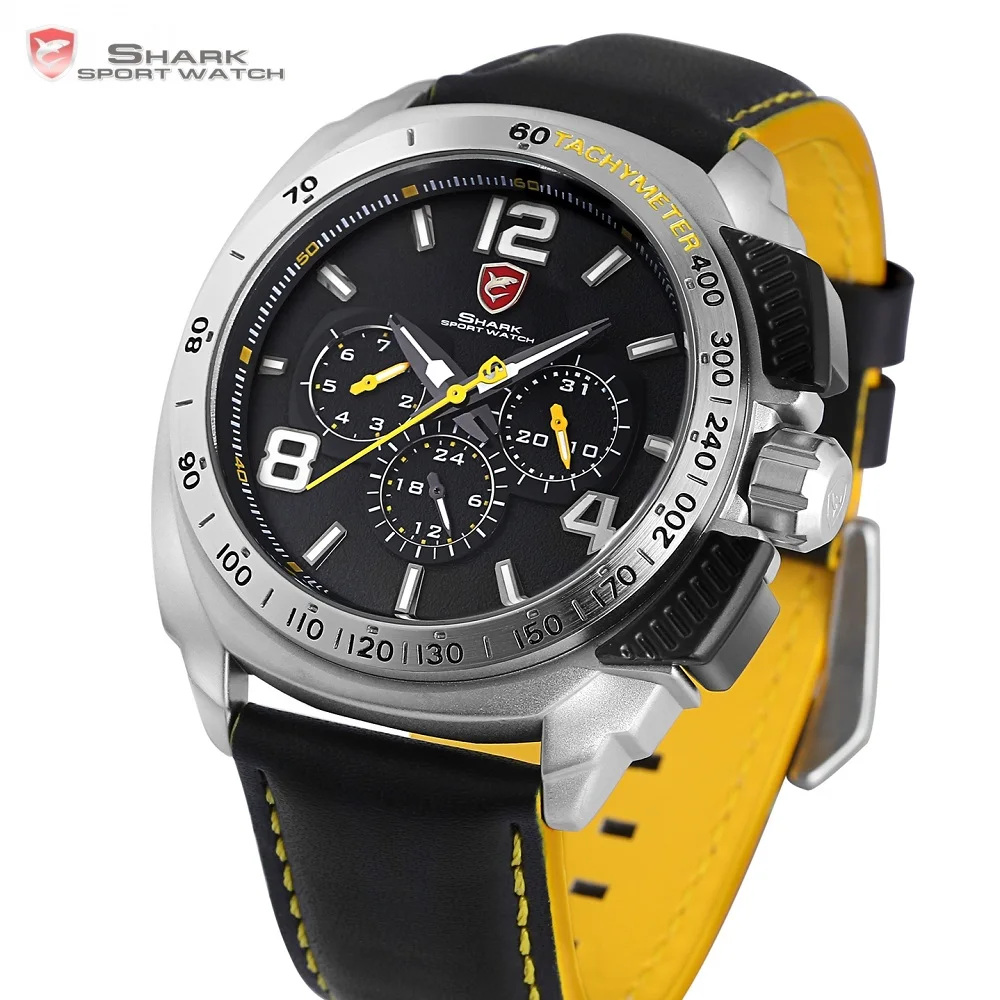 Tiger Shark Sport Watch New Date 24Hrs Silver Bezel Black Yellow Leather Strap Male Clock Military Quartz Men Wristwatch /SH415