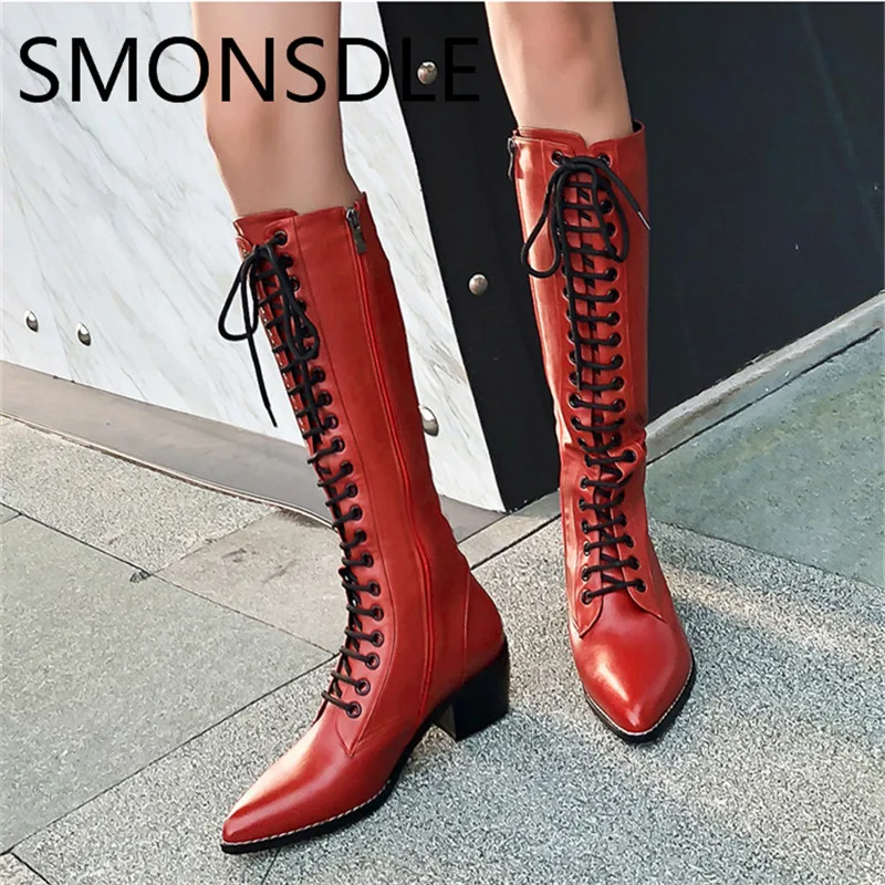 

SMONSDLE 2018 New Black Red Leather Women Knee High Boots Pointed Toe Side Zip Thick Mid Heel Women Winter Boots Shoes Woman