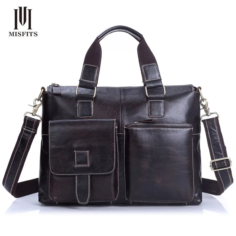 

MISFITS Men Genuine Leather Briefcase Male Retro Handbag Leisure 100% Cowhide Messenger Bags for Men Laptop Tote Bags NZ4100