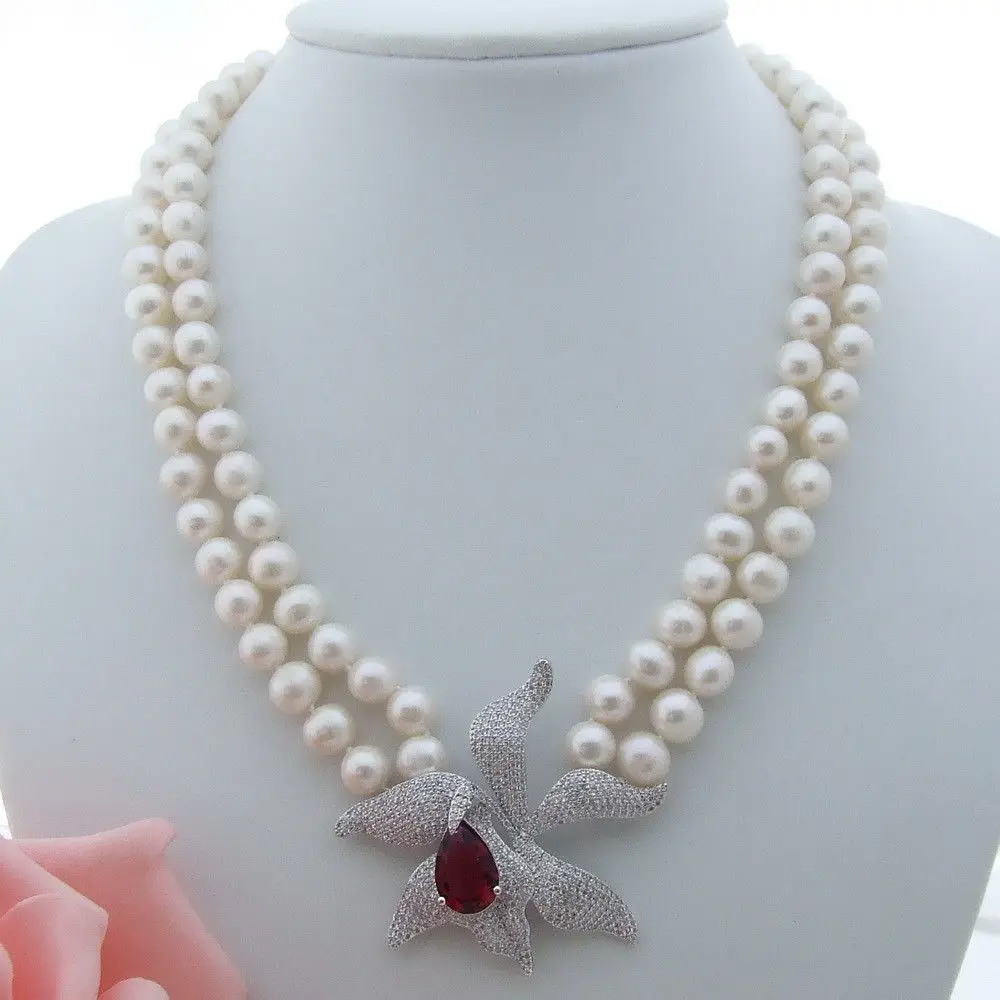 

AB062607 2Strands 8.5mm White Pearl Necklace CZ Pendant