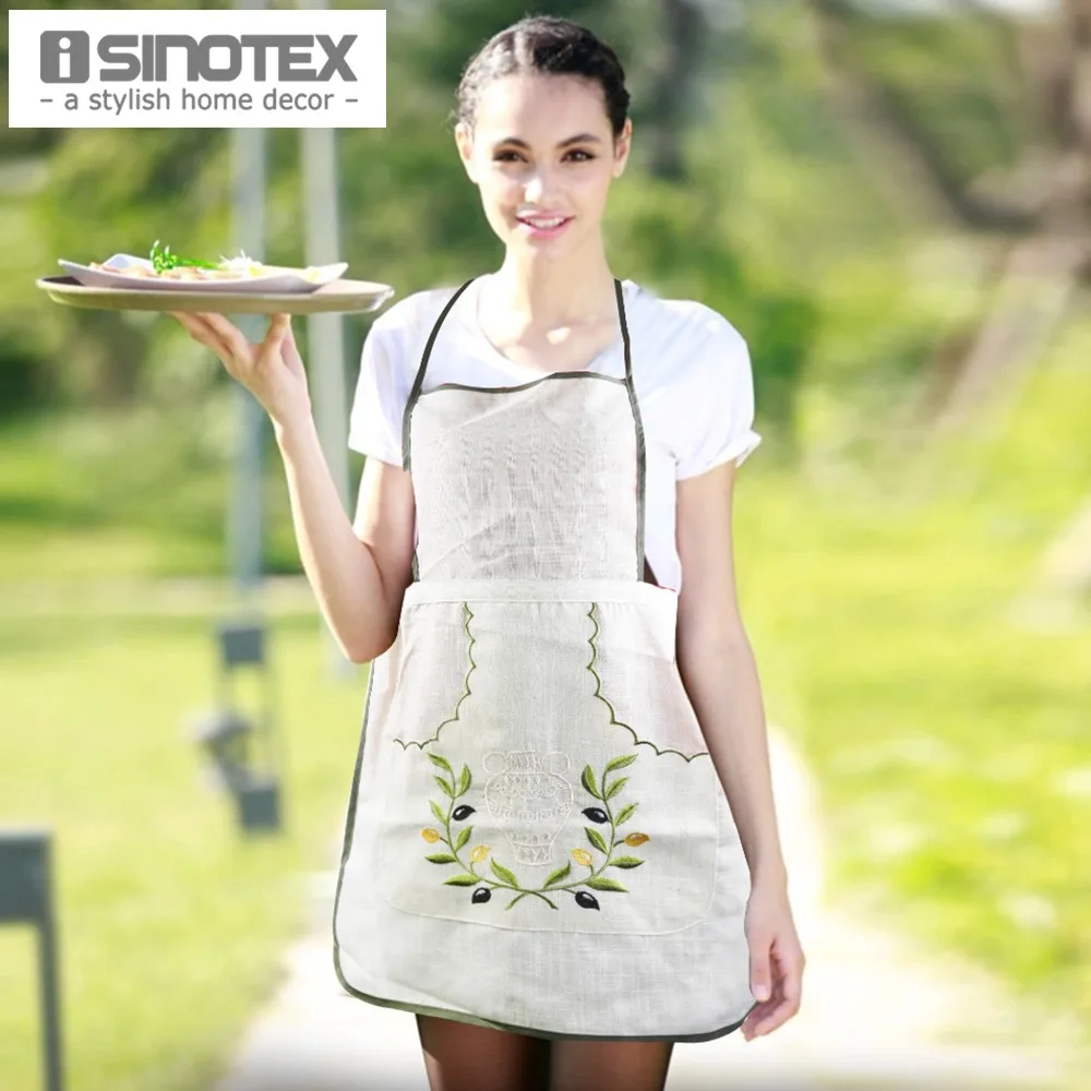 Linen Apron Women Kitchen Embroidered avental With Pocket Cooking
