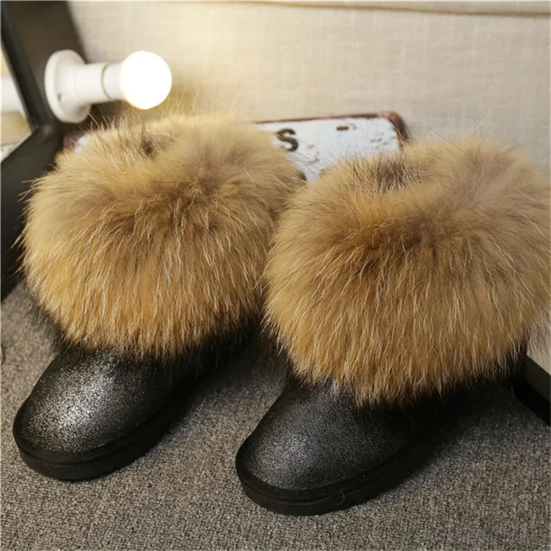 

2018 New Natural Big Fox Fur Gneuine Leather Women Snow Boots Warm Winter Boots Slip-On Ankle Boots Female Raccoon Fur