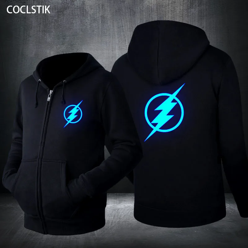 

Spring/Autumn Mens Fluorescent Flash Hoodies Jackets Male Superhero Sweatshirt Flash Man Black Hoody Jacket Zipper Coat XS-4XL