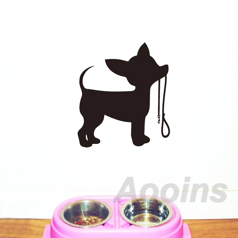 Милые животные маленькая собака Чихуахуа поводок виниловые наклейки на стену домашний интерьер украшение щенок силуэт Наклейки на стены