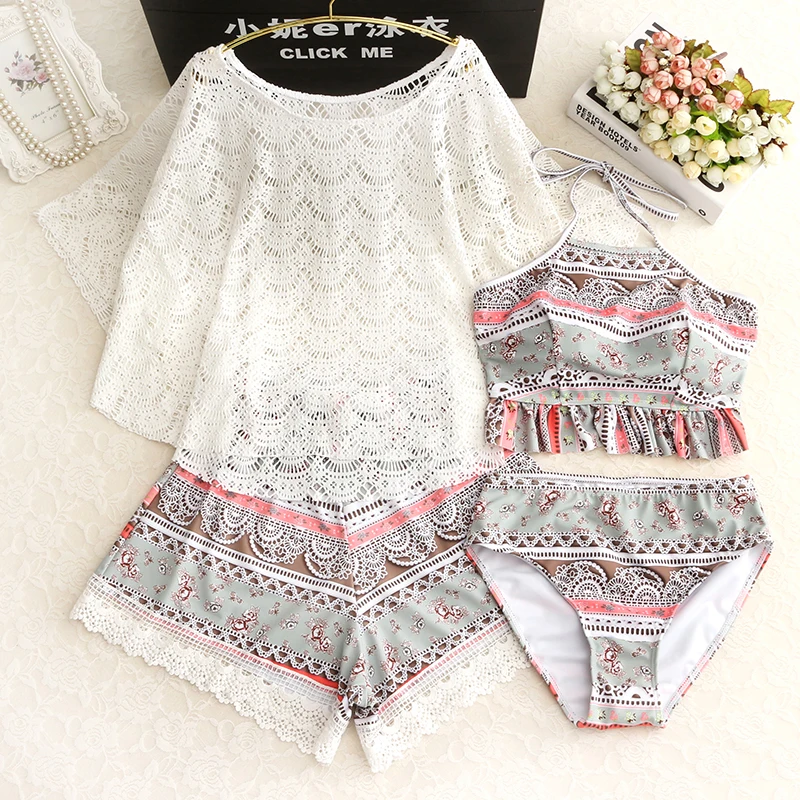 Women Plus Size Printed Bikini with Mesh Tank Top 4 Pieces Swimsuit Bikini Set Padded Push Up Female Big Size Tankini Swimwear Women Plus Size Printed Bikini with Mesh Tank Top 4 Pieces Swimsuit Bikini Set Padded Push Up Female Big Size Tankini Swimwear