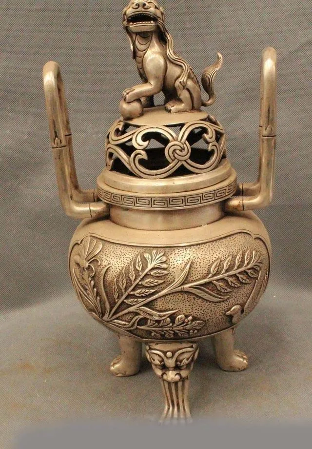 

14"Chinese Dynasty Palace Silver Lion Pi Xiu Beast Statue Incense Burner Censer