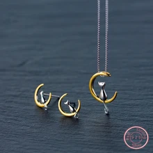 DXJEL ювелирные изделия из стерлингового серебра 925 пробы котенок Кот сидящий на золотой Подвеска полумесяц ожерелье Комплект сережек для женщин