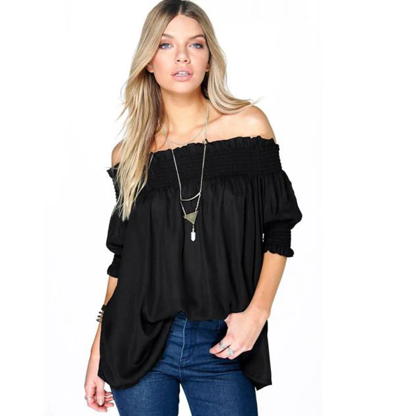 FEITONG Off Shoulder Women Blouse Black Shirt Fashion Half Sleeve Tops