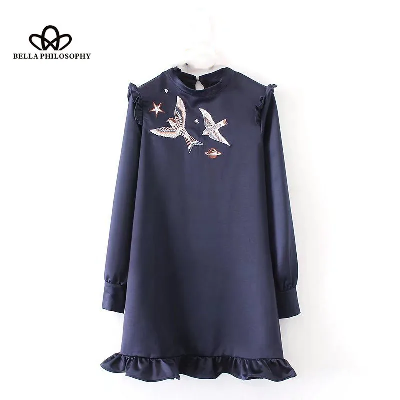 

Bella Philosophy 2019 autumn winter women mini dress female embroidery above knee O neck ruffles long sleeve cotton loose dress