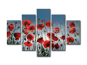

Hand Painted Modern Red Poppy Flower Paintings On Canvas 5 Piece Abstract Oil Art Wall Decoration Picture Set