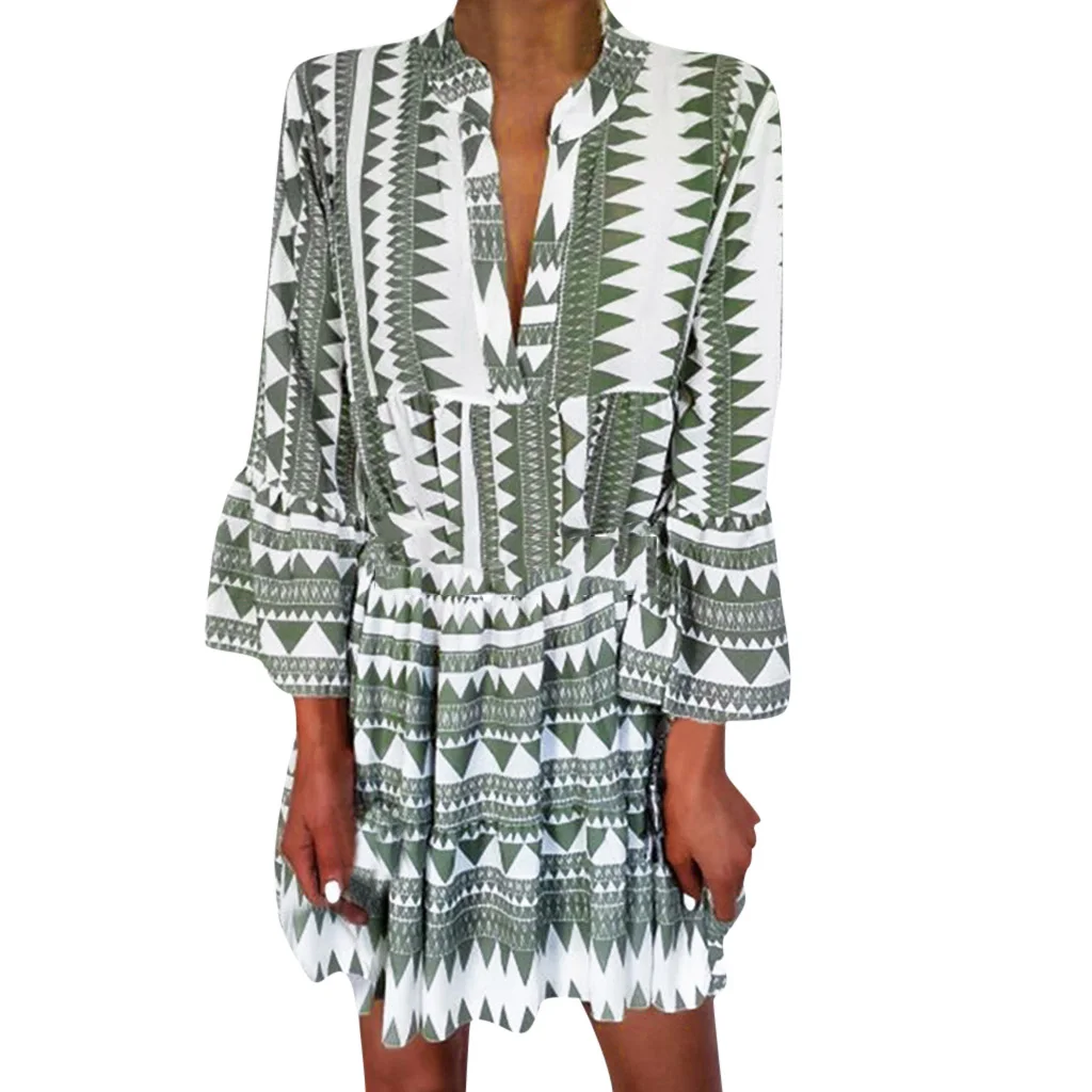 

FREE OSTRICH Dress Women Vintage Print Loose V-Neck Long Sleeve Knee-Length Green Dignified Noble Popular Short Dress Summer