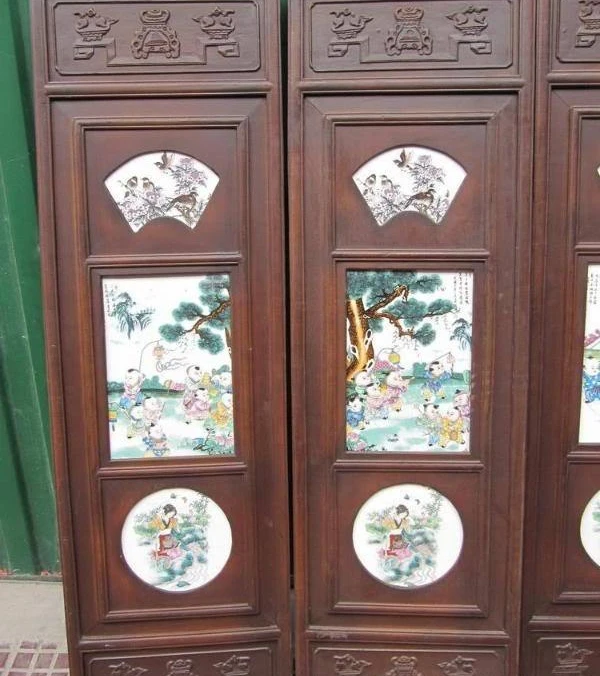 

China Folk Wood inlay Wucai porcelain Home Decoration 7 Boys Play Screen Set