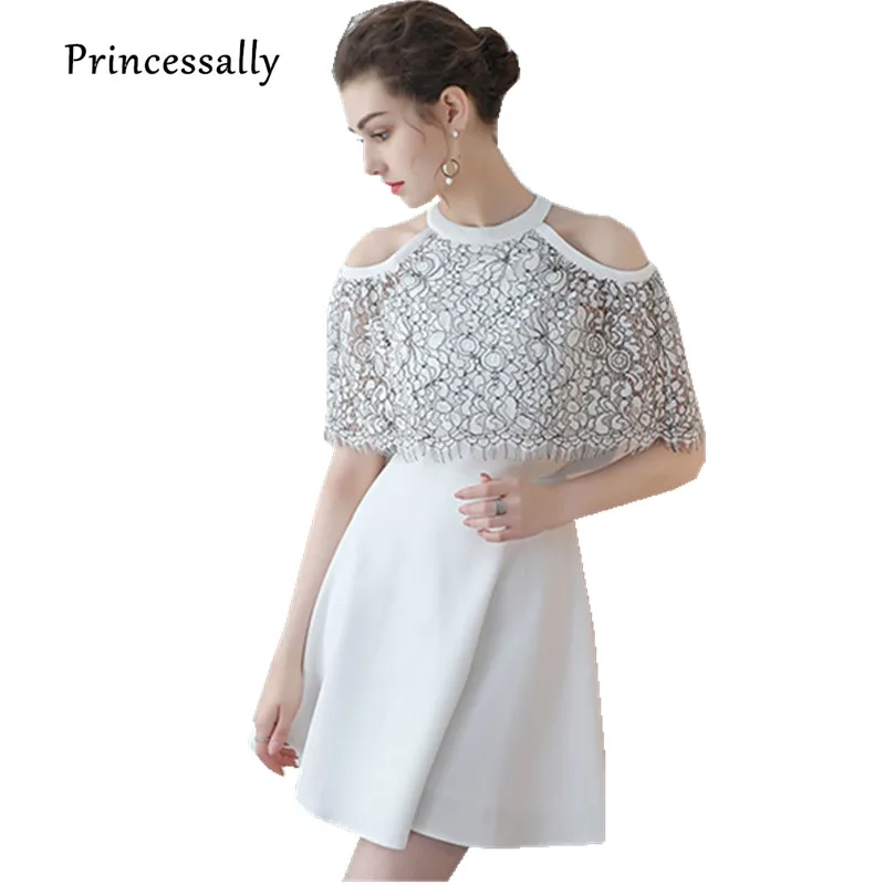 

New White Evening Dress Short Chiffon With Lace Cut-out Cape Halter Elegant Summer Wedding Guest Homecoming Prom Party Gown