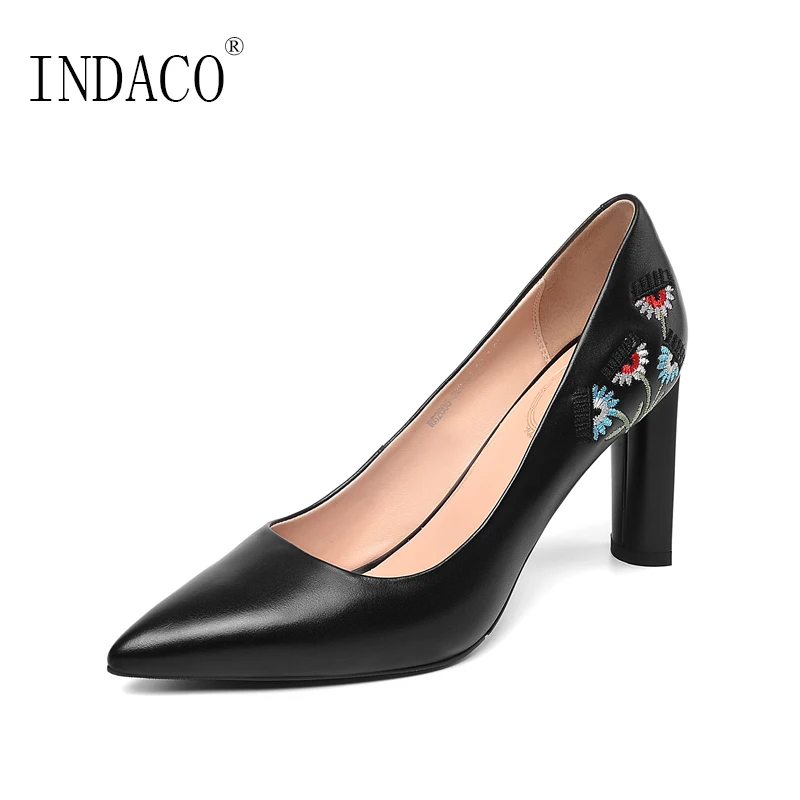 

2019 Pumps Women Shoes Leather High Heel Pumps Embroidery Cowhide Office Ladies Shoes 8.5cm Tacones Mujer