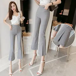 Модные новые летние клетчатые короткие расклешенные брюки корейские с карманами и высокой посадкой Pantalones Mujer сексуальные разрез сбоку