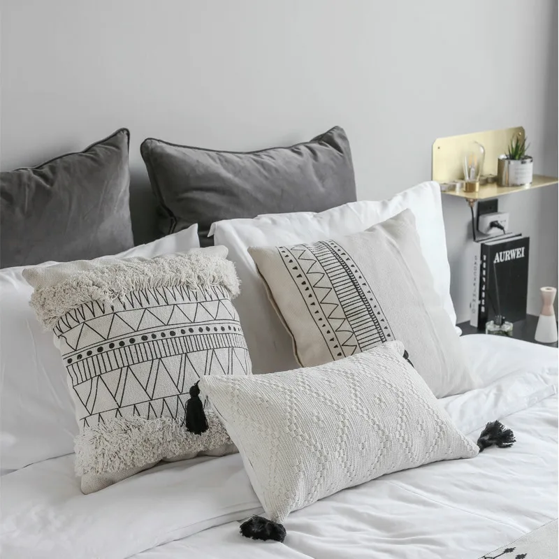 45x45 см cojines decorativos para sofa Morocco Геометрическая черно-белая ворсистая наволочка с кисточкой Рождественский чехол для подушки