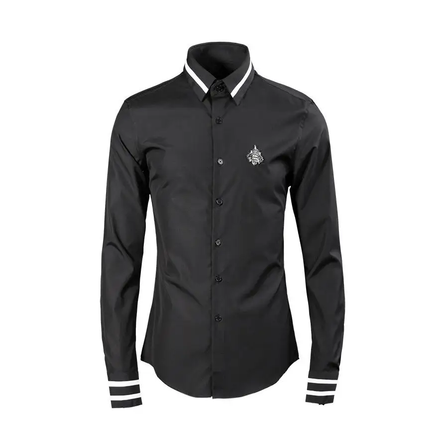 Новое поступление модные высококачественные длинные рукава Весна Осень металлический значок мужские Рубашки повседневные хлопковые большие размеры M L XL XXL 3XL 4XL - Цвет: Черный