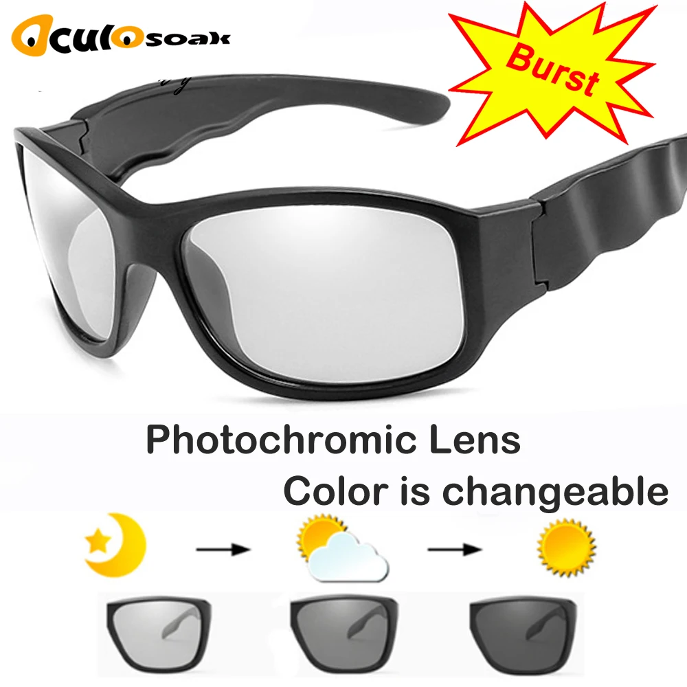 HD Photochromic Polarized Sunglasses Men Women Chameleon Discoloration Sun Glasses Square Driving Gafas Ciclismo with box