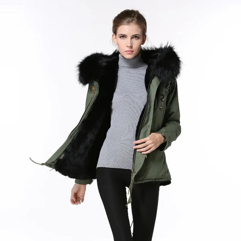 Special Price Beading Jacket American flag Black faux fur Winter jacket Women Raccoon fur hooded jacket