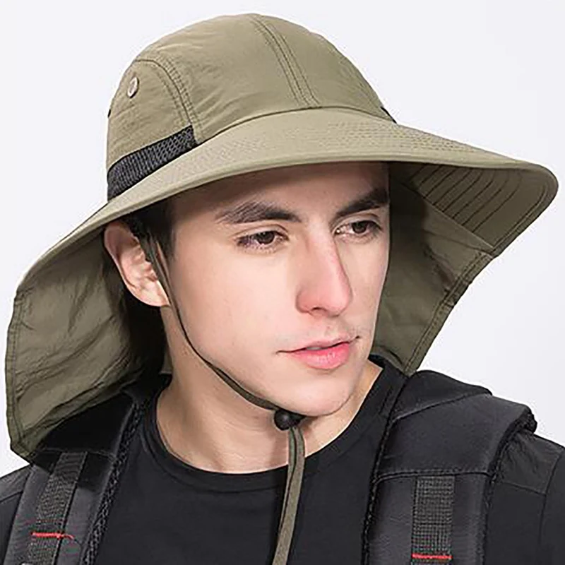 Outdoor Fishing Flap Caps Wide Brim Lightweight Water Resistant Portable UV Protection Neck Cover Sun Hat With Chin Strap | Спорт и