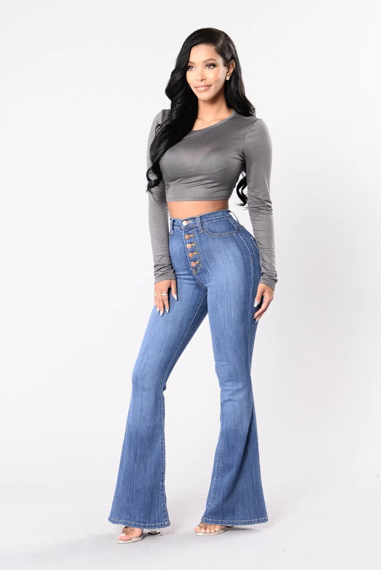 Синие расклешенные обтягивающие джинсы женские с высокой талией пуговицы Плюс Размер Брюки Полная длина прикладочные повседневные модные джинсы