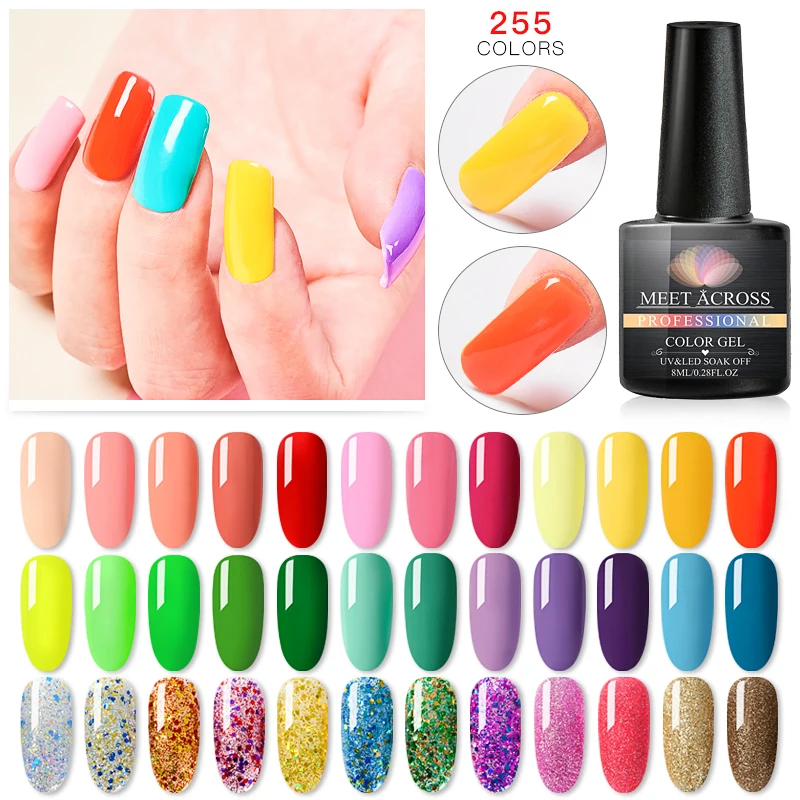 

MEET ACROSS 255 Colors Gel Polish Set Glitter Summer Nail Gel Soak Off LED Gel Varnish Soak Off Nail Art Gel Nail Polish