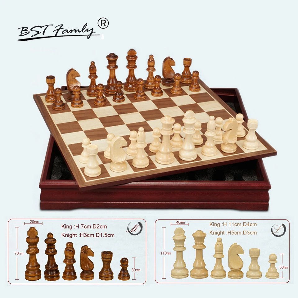 

BSTFAMLY Chessman Wooden Chess Set International Chess Game Box Chessboard Wood Chess Pieces King Height 70/110mm Toy Gift I40