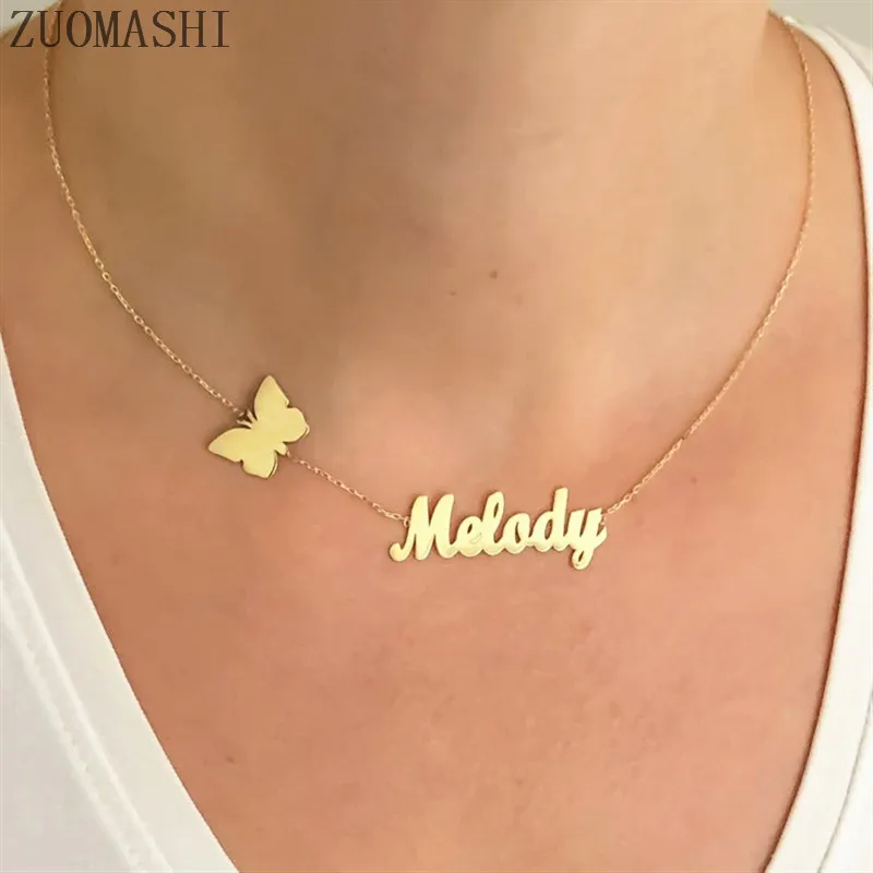 Font in picture Персонализированные пользовательские имя ожерелье s Бабочка с именем ожерелье для женщин крошечное Золотое имя табличка ювелирные изделия подарок на день Святого Валентина - Окраска металла: Font in picture