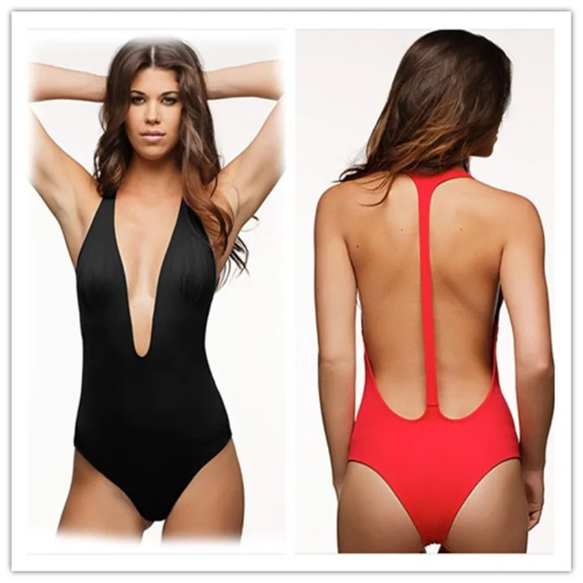 Red & Black Deep V Neck Onepiece Swimsuit Swimwear Sexy Women Halter