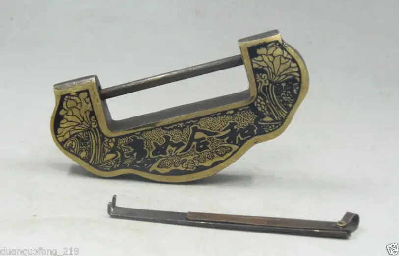 

old collectibles chinese copper hand-carved eight immortal lotus lock & key