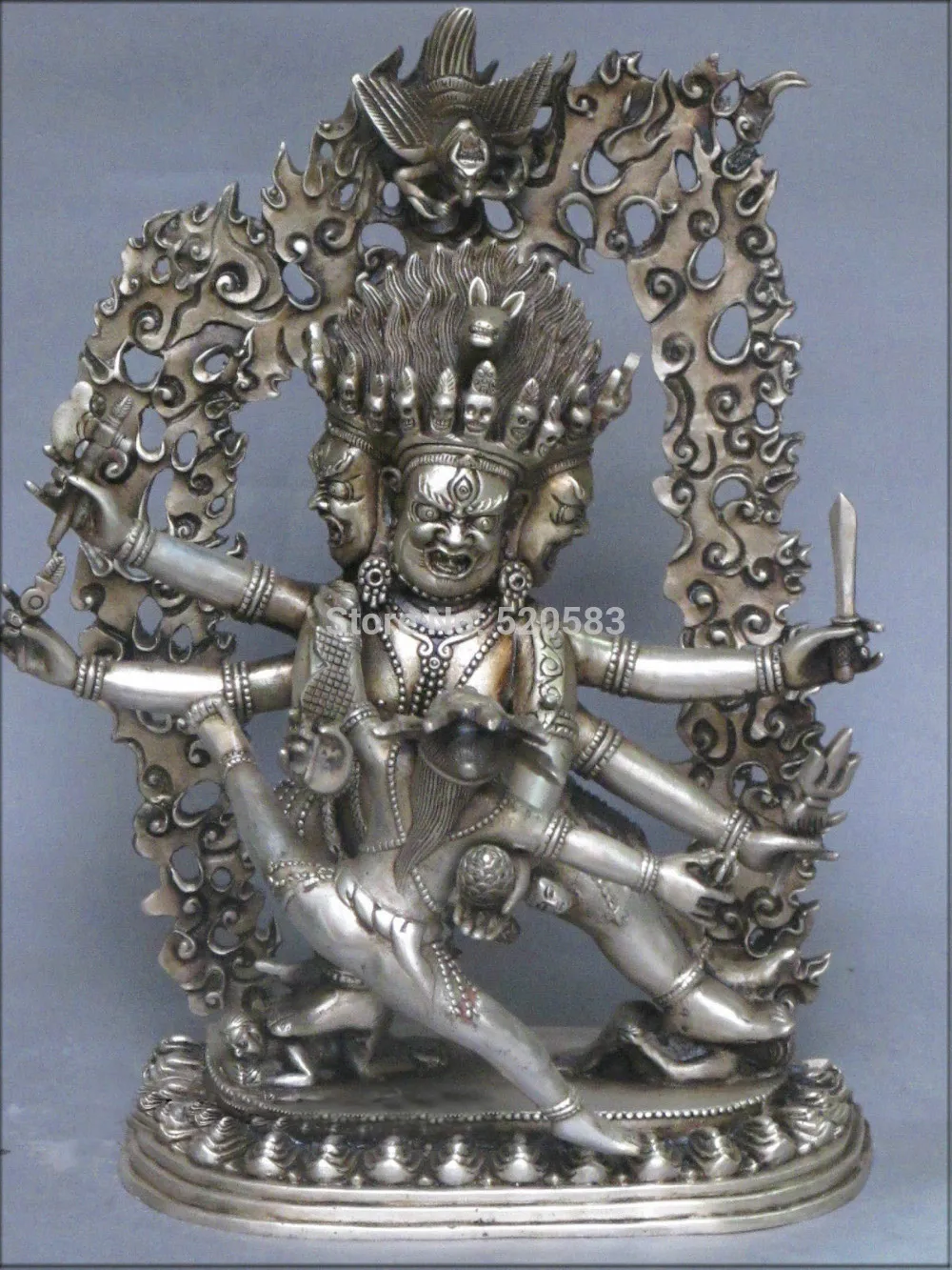 

free Tibetan classic Bronze Silver Six hand King Kong Mahakala statue fast