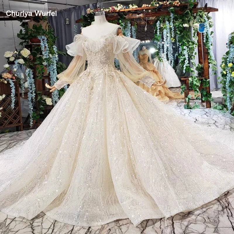 

HTL534 princess wedding dresses with train off the shoulder puffy long sleeves lace up back bridal gowns vestidos boda largos