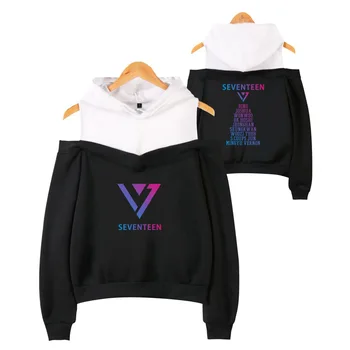 

kpop SEVENTEEN summer streetwear casual sexy hooded sweatshirt women korean off-shoulder fake Two pieces hoodies female clothes