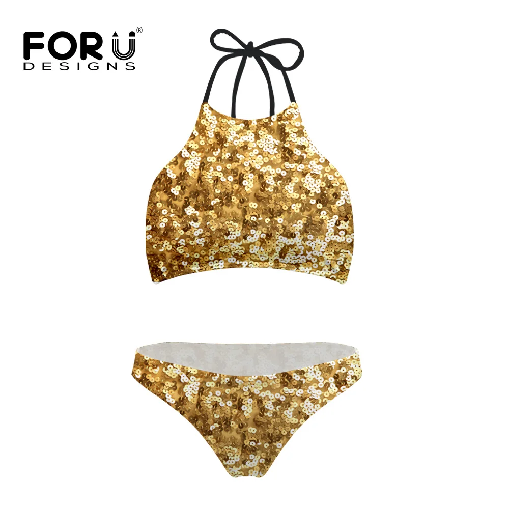

FORUDESIGNS Printing Sexy Women High Neck Bikini Sets Bathing Suit Bottom&Top Brazilian Swimsuit Female Swimwear Print Biquines