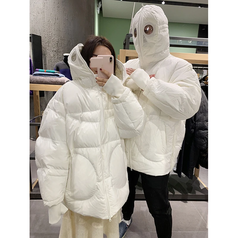 Cena Płaszcz zimowy kobiety luźna Parka pełna twarz czapka gruby kaptur Parka Plus rozmiar kurtka damska biały czarny zabawna osobowość Alien Coat