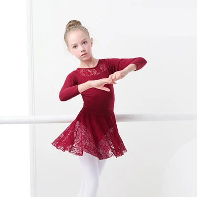 Балетное платье для девочек, гимнастические купальники, кружевные юбки, трико с длинными рукавами, гимнастический купальник для малышей, для танцев - Цвет: Burgundy Long Sleeve