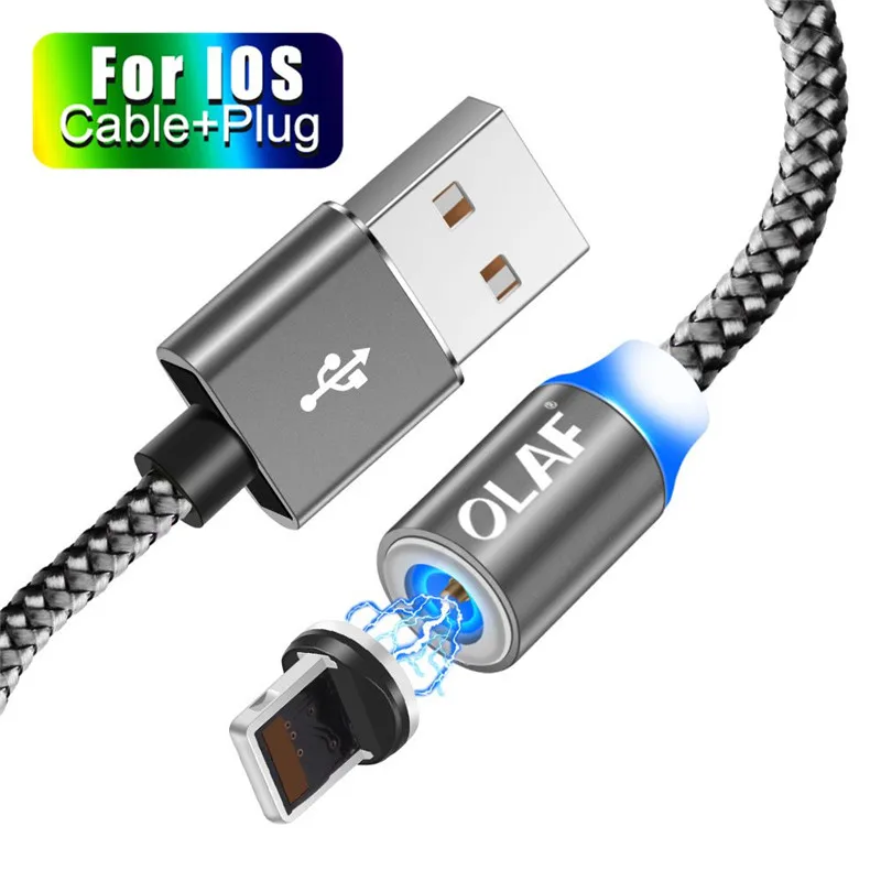 OLAF 2 м светодиодный магнитный USB кабель для iPhone Xs Max 8 7 6 usb type C кабель и оплетка Micro USB кабель для samsung Xiaomi huawei USB C - Цвет: For 8Pin Cable Gray